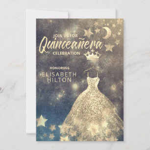 Gold Sequins dress moon stars Quinceañera Invitati Invitation