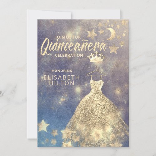 Gold Sequins dress moon stars Quinceaera Invitati Invitation