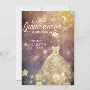Gold Sequins dress moon stars Quinceañera Invitation