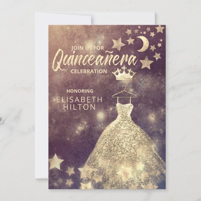 Gold Sequins dress moon stars Quinceañera Invitation (Front)