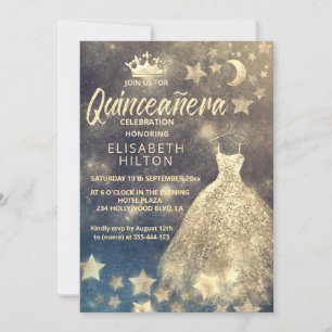 Gold Sequins dress moon stars Quinceañera Invitation