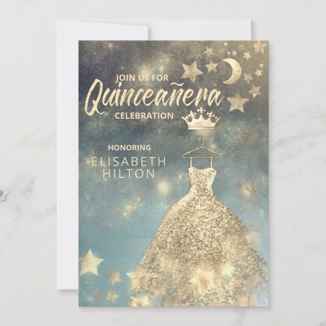 Gold Sequins dress moon stars Quinceañera  Invitation (Front)