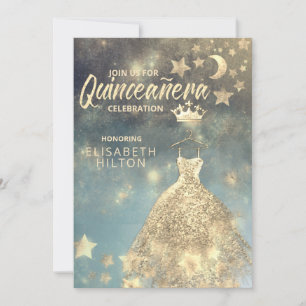Gold Sequins dress moon stars Quinceañera Invitation