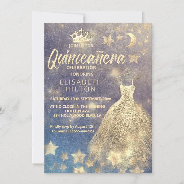 Gold Sequins dress moon stars Quinceañera  Invitation (Front)