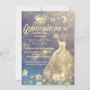 Gold Sequins dress moon stars Quinceañera Invitation