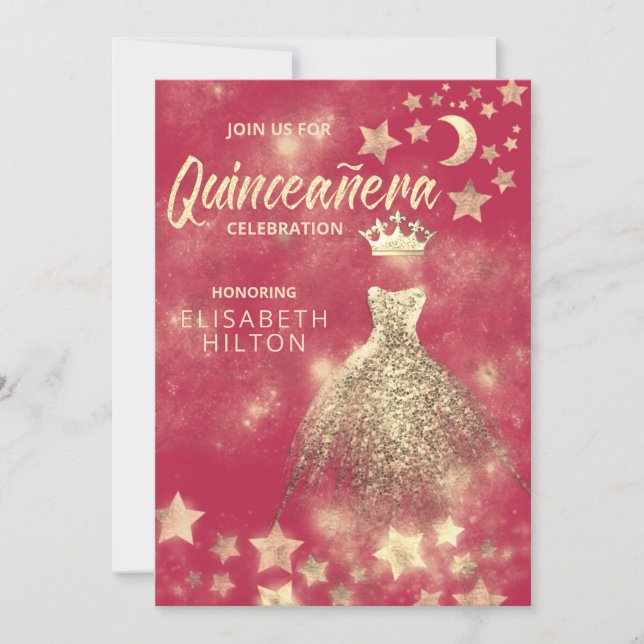 Gold Sequins dress moon stars Quinceañera  Invitation (Front)