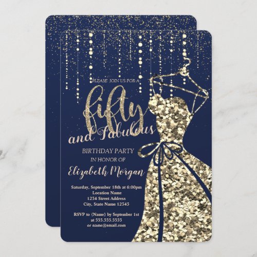 Gold Sequins Dress Navy Blue 50th Birthday Party  Invitation