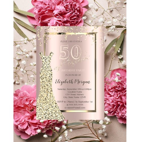 Gold Sequins Dress Rose Gold 50th Birthday Invitation