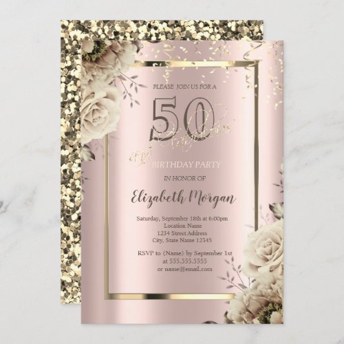 Gold SequinsFlowers Rose Gold 50th Birthday  Invitation