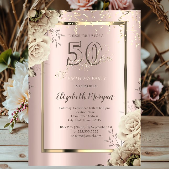 Gold Sequins,Flowers Rose Gold 50th Birthday  Invitation (Creator Uploaded)