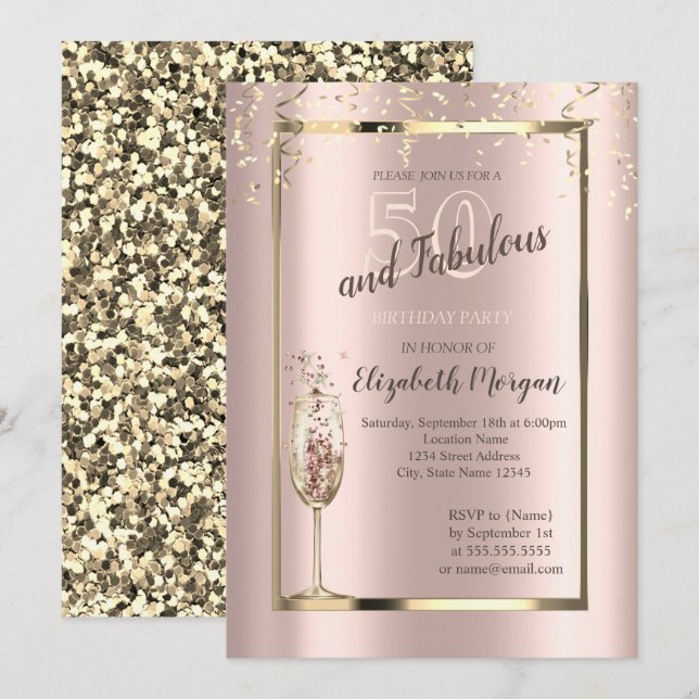 Gold Sequins Glitter Champagne Glass 50th Birthday Invitation (Front/Back)