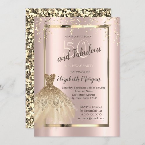 Gold Sequins Glitter Dress 50th Birthday  Invitation