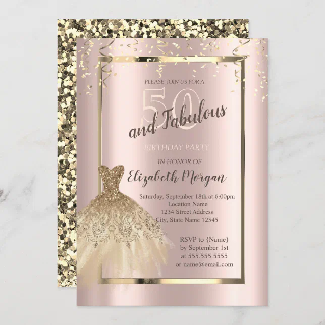 Gold Sequins Glitter Dress 50th Birthday Invitation | Zazzle