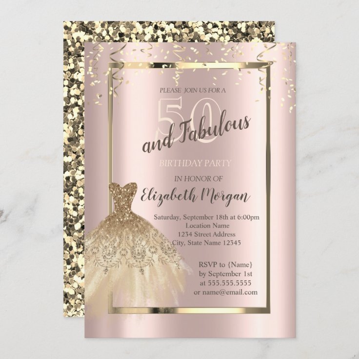 Gold Sequins Glitter Dress 50th Birthday Invitation | Zazzle