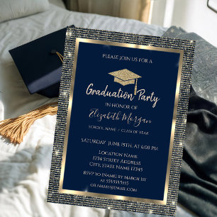  Gold Sequins Graduation Cap Navy Blue Graduation  Invitation