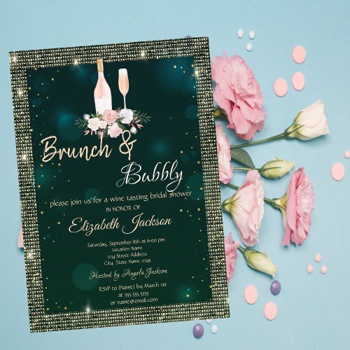 Gold Sequins Green Brunch  Bubbly Bridal Shower  Invitation