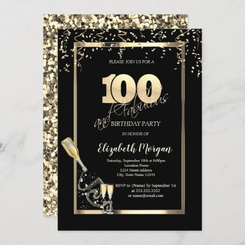 Gold SequinsWine Glass Bottle 100th Birthday   Invitation