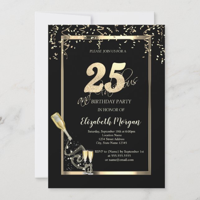 Gold Sequins,Wine Glass Bottle 25th Birthday   Invitation (Front)