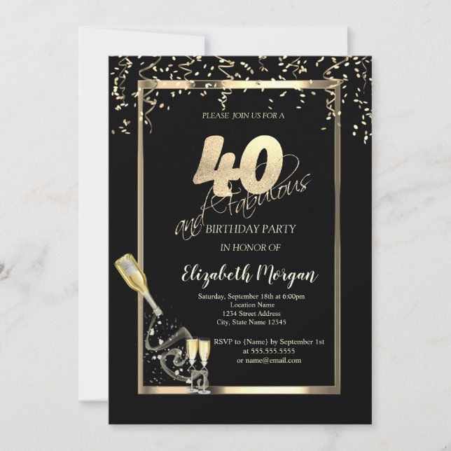 Gold Sequins,Wine Glass Bottle 40th Birthday   Invitation (Front)
