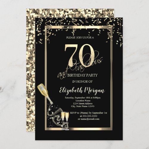 Gold SequinsWine Glass Bottle 70th Birthday   Invitation