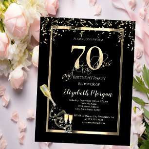 Gold Sequins,Wine Glass Bottle 70th Birthday   Invitation