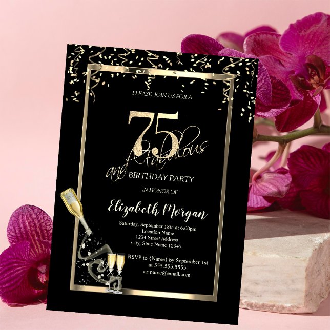 Gold Sequins,Wine Glass Bottle 75th Birthday  Invitation (Creator Uploaded)