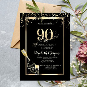 Gold Sequins,Wine Glass Bottle 90th Birthday   Invitation