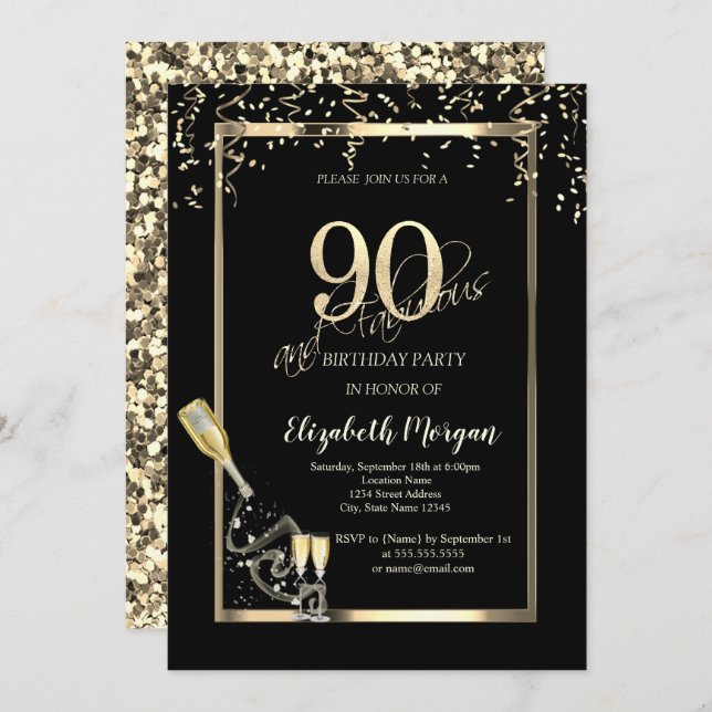 Gold Sequins,Wine Glass Bottle 90th Birthday   Invitation (Front/Back)