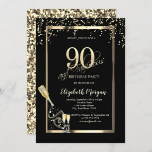Gold Sequins,Wine Glass Bottle 90th Birthday   Invitation