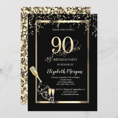 Gold SequinsWine Glass Bottle 90th Birthday   Invitation