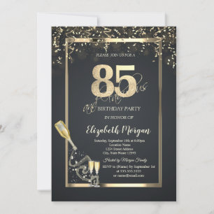 Gold Sequins,Wine Glass Bottle Gray 85th  Invitation