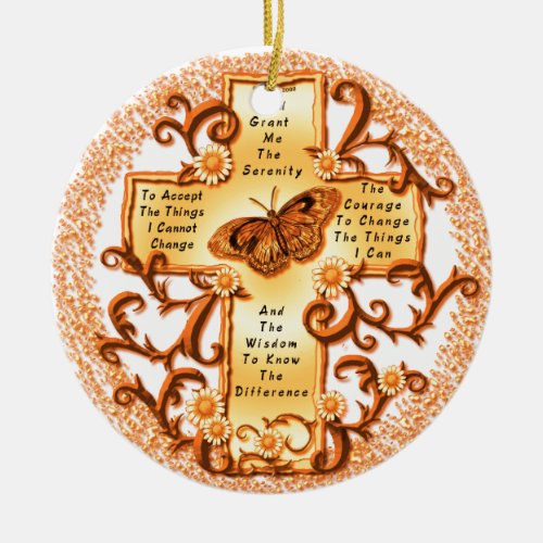 Gold Serenity Cross round ceramic ornament