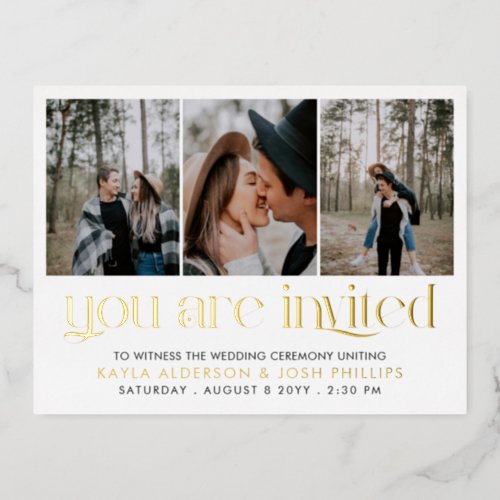 Gold Serif 3 Photos You Are Invited Wedding Foil Invitation Postcard