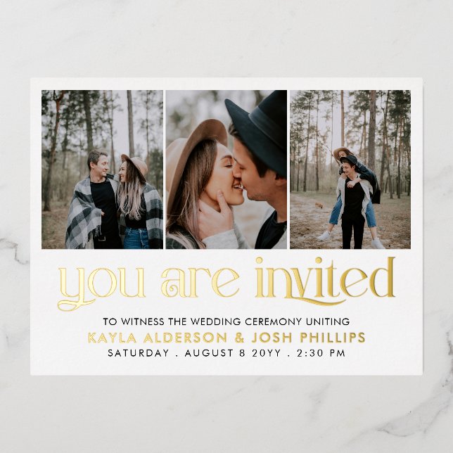 Gold Serif 3 Photos You Are Invited Wedding Foil Invitation Postcard (Front)