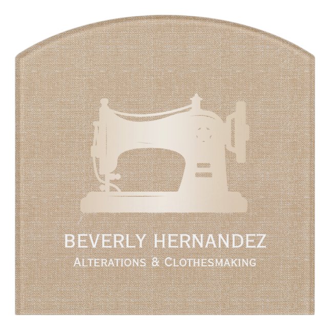 Gold Sewing Machine Seamstress BeigeLinen  Door Sign (Contour Front)