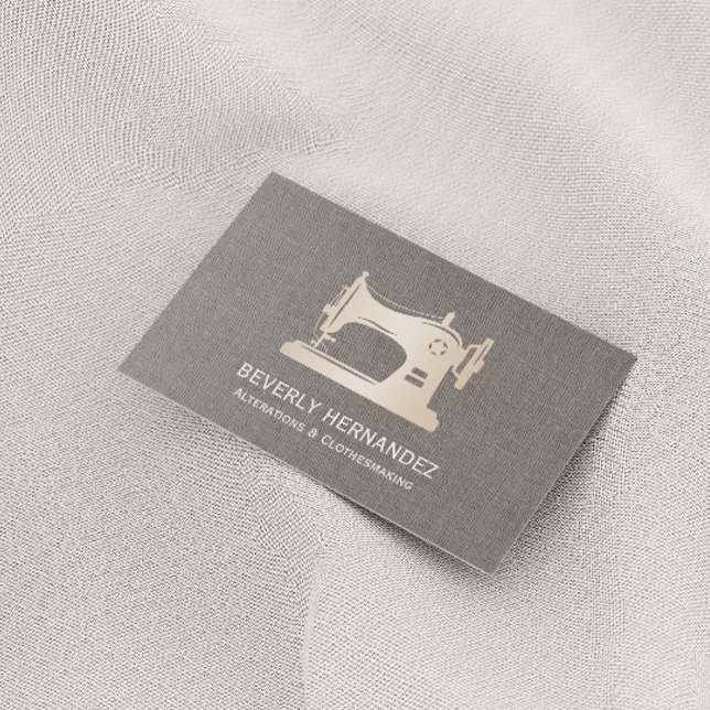 Gold Sewing Machine Seamstress Gray Linen Business Card (Creator Uploaded)