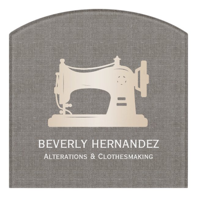 Gold Sewing Machine Seamstress Gray Linen  Door Sign (Contour Front)