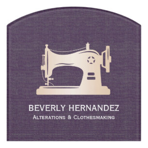 Gold Sewing Machine Seamstress Purple Linen Door Sign