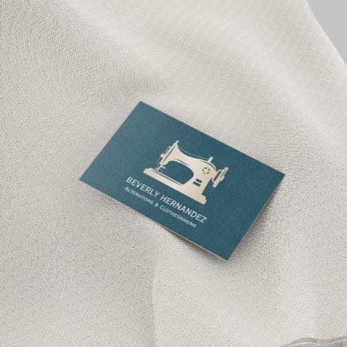 Gold Sewing Machine Seamstress Teal Linen  Business Card