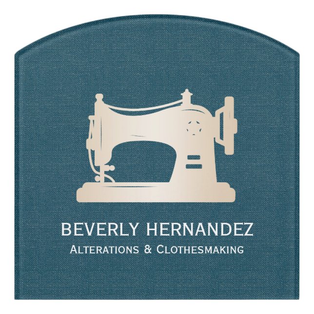 Gold Sewing Machine Seamstress Teal Linen  Door Sign (Contour Front)