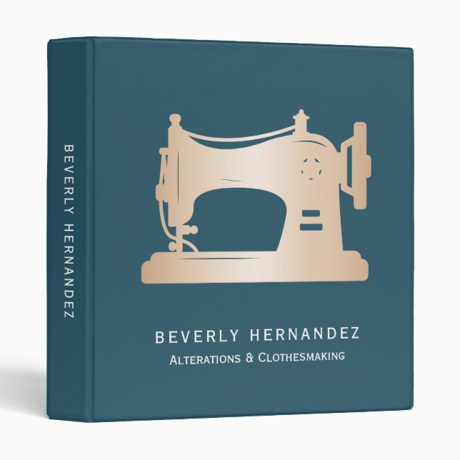 Gold Sewing Machine Seamstress Teal monogram 3 Ring Binder (Front/Spine)