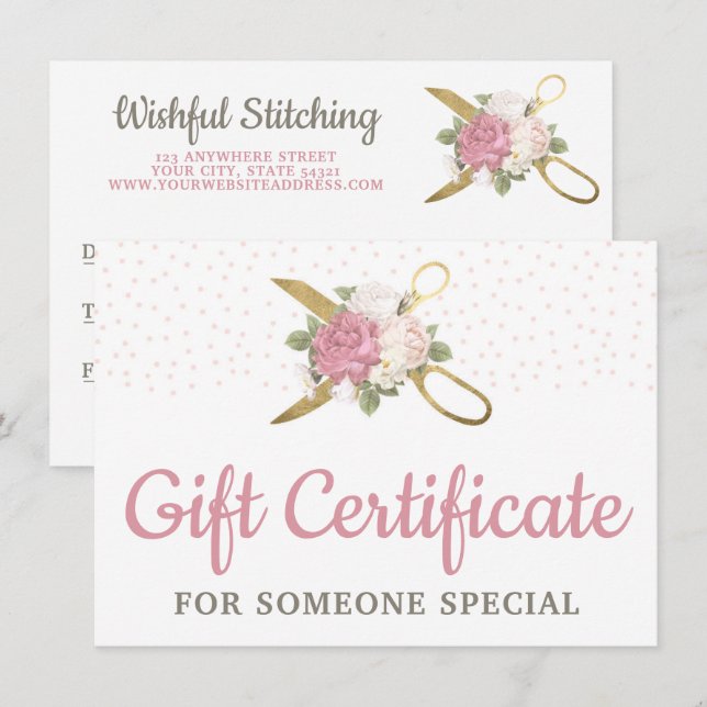 Gold Sewing Scissors Floral Gift Certificate Card (Front/Back)