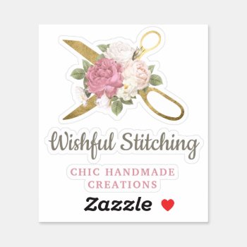 Gold Sewing Scissors & Shabby Chic Floral Logo Sticker by CyanSkyDesign at Zazzle