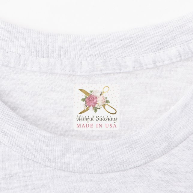 Gold Sewing Scissors Shabby Floral Custom Clothing Labels (Affixed)