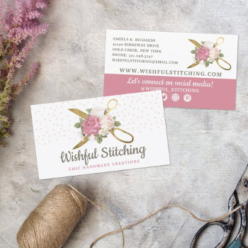 Gold Sewing Scissors Shabby Floral Social Media Business Card by CyanSkyDesign at Zazzle