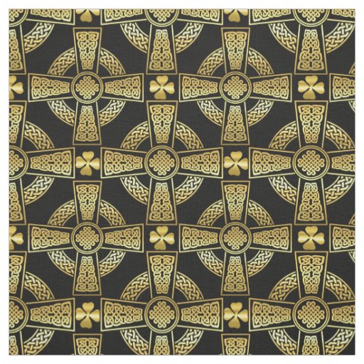 Gold Shamrock/Celtic cross/braided knot design Fabric