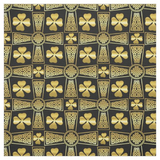 Gold Shamrock/Celtic cross/braided knot design Fabric