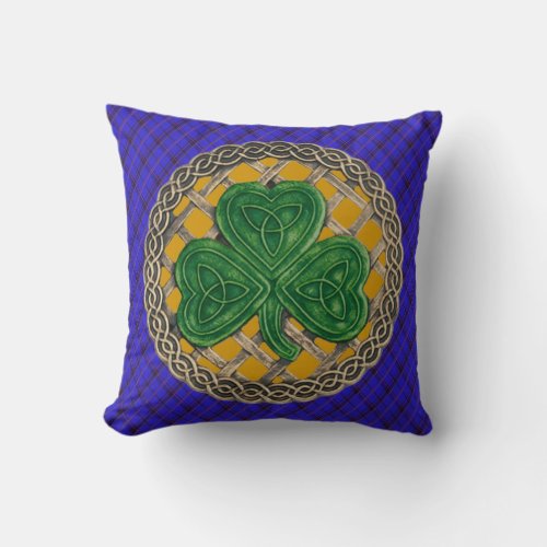 Gold Shamrock Celtic Knots On Blue Plaid Throw Pillow