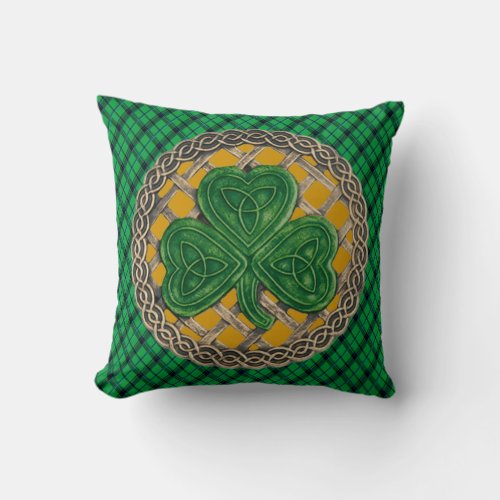 Gold Shamrock Celtic Knots On Green Plaid Throw Pillow