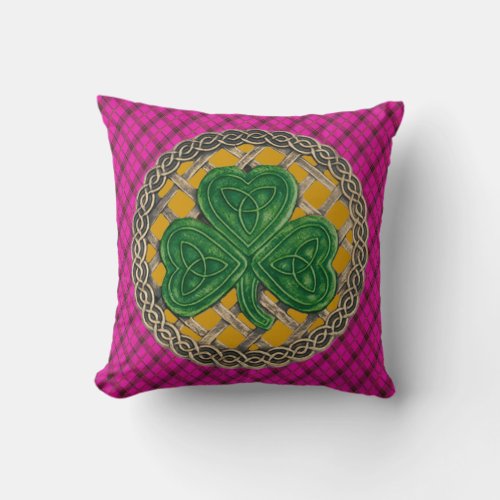 Gold Shamrock Celtic Knots On Pink Plaid Throw Pillow